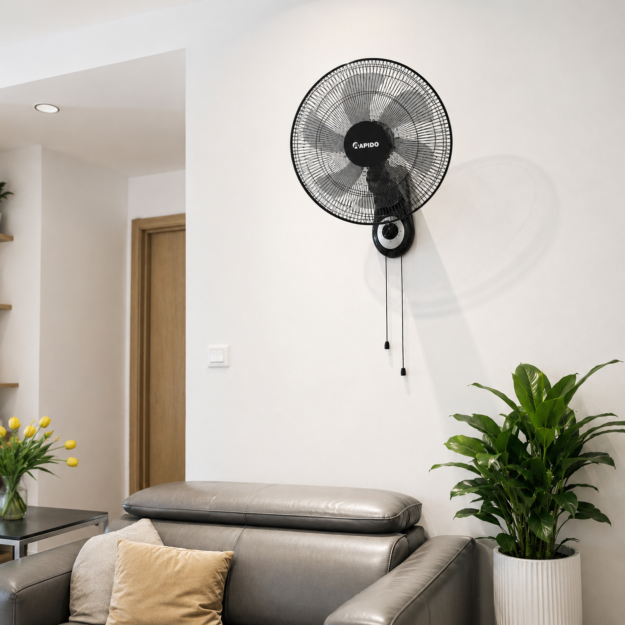 RAPIDO RWF-16AWM 16 Inch Wall Mount Fan 52W – 3 Speed Settings, 80° Oscillation, 3000m³/h Airflow, Pull Cord Control, Black