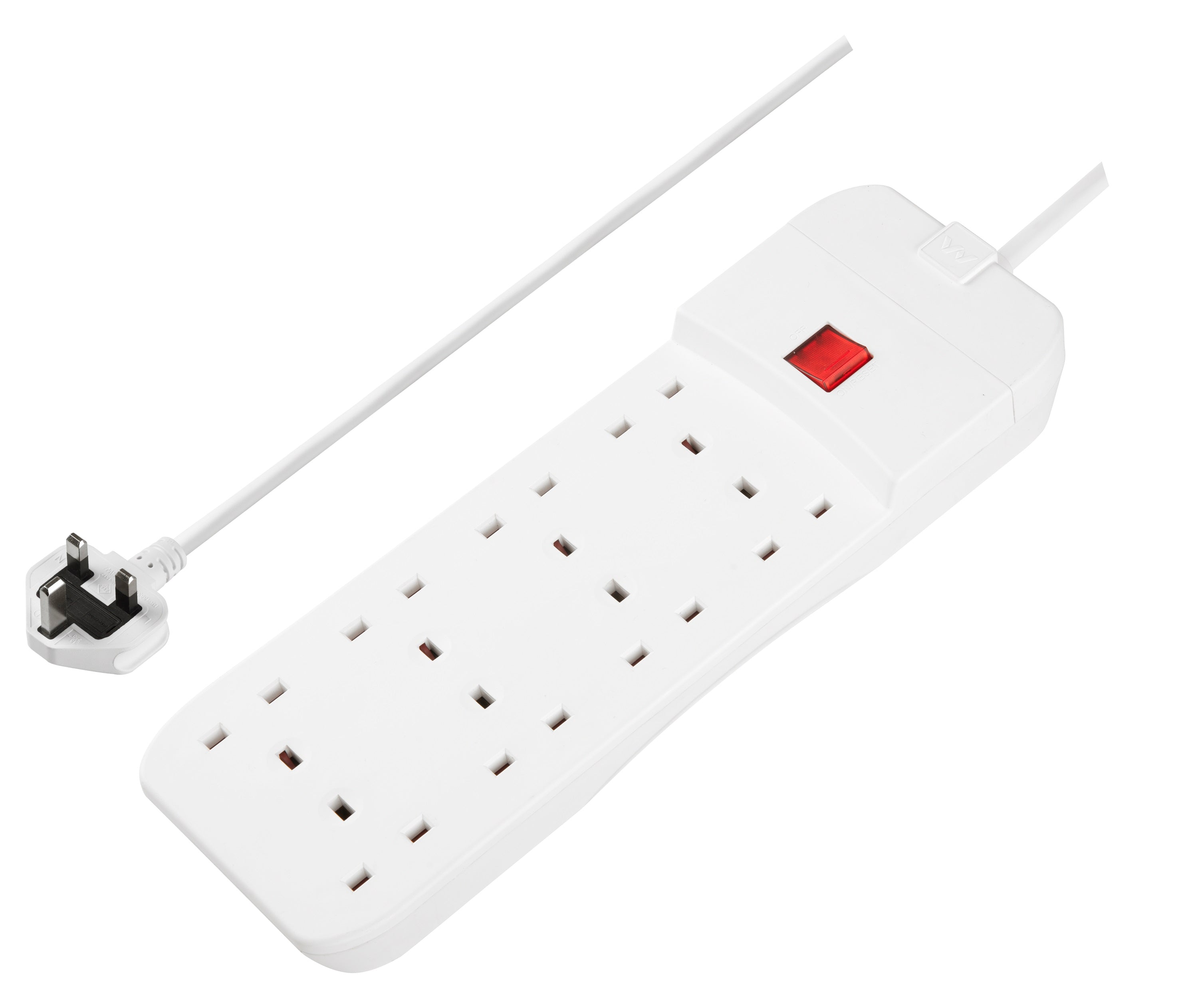 Masterplug 8 Socket 3 Meter Extension Lead With Safety Overload Protection, White