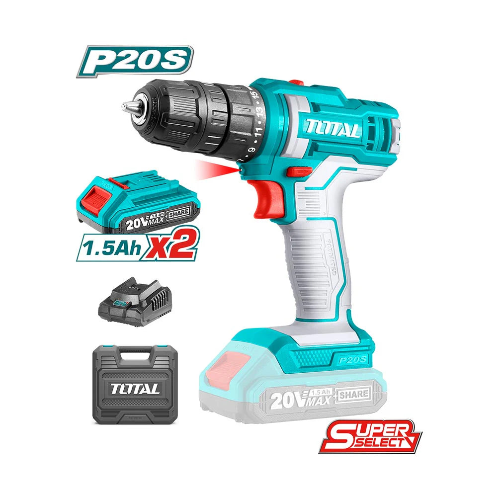 TOTAL TDLI20028 Cordless Drill Driver 20V – 45Nm, 2 x 2.0Ah Batteries, Fast Charger & Carrying Case