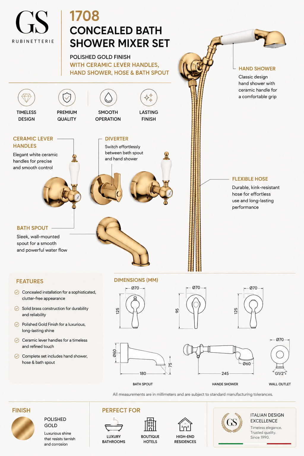 GS Rubinetterie 1708 Concealed Bath Shower Mixer Set, Polished Gold Finish with Ceramic Lever Handles, Hand Shower, Hose & Bath Spout