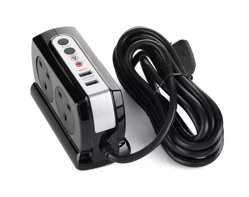 Masterplug 4 Sockets 4 Meter Surge Protected Premium High Gloss Compact Extension Lead with 2 USB Ports Black