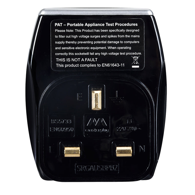 Masterplug 1 Way, 2 USB Ports, Wall Adaptor with Surge Protection Black