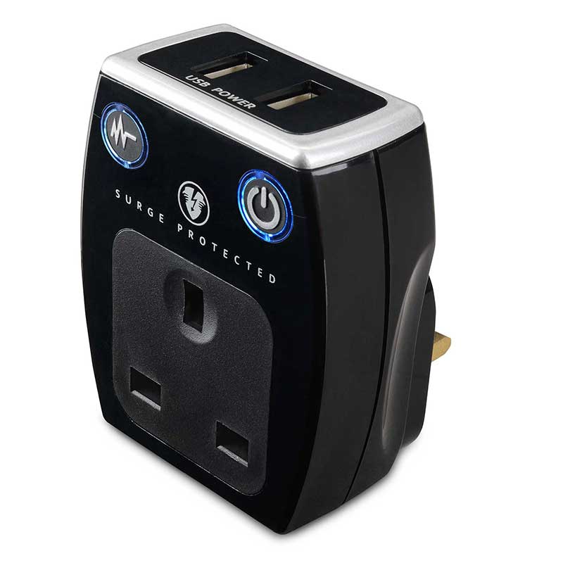 Masterplug 1 Way, 2 USB Ports, Wall Adaptor with Surge Protection Black