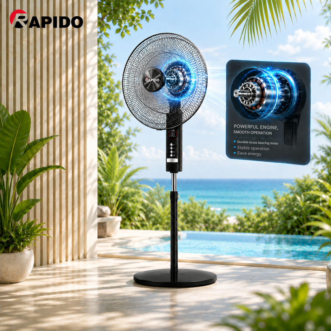 RAPIDO RWF-20AHD 20 Inch Pedestal Fan 63W with Remote Control – 6 Blades, Timer Function, 4500m³/h Airflow