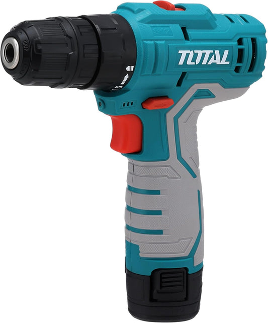 TOTAL Cordless Drill Driver 12V Li-Ion, 20Nm Torque, 2-Speed Gear, LED Work Light, with 2 Batteries & Charger