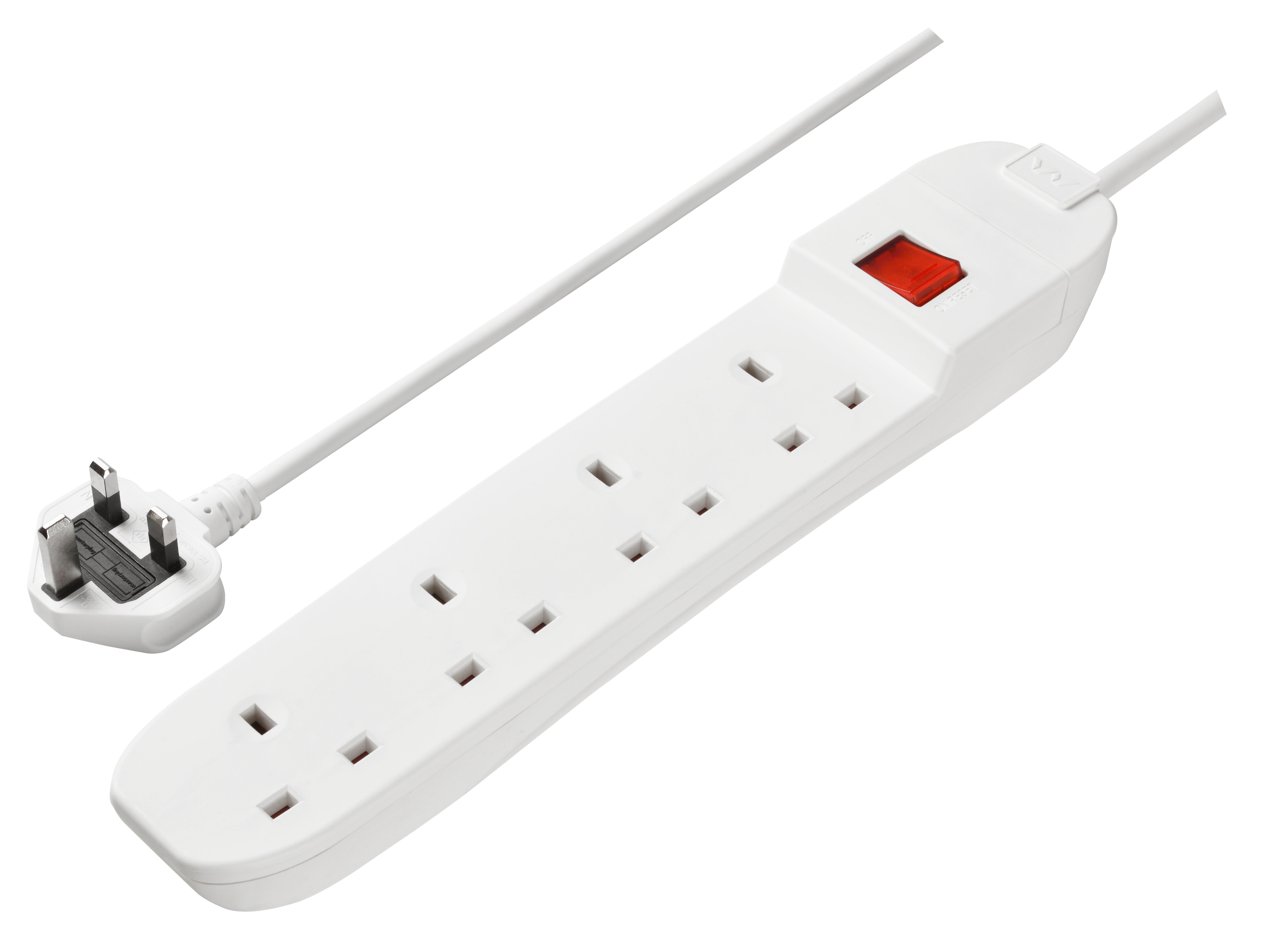 Masterplug 4 Socket 3 Meter Extension Lead With Safety Overload Protection, Power Switch, White