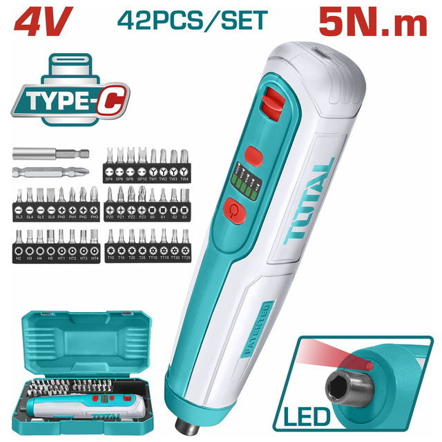TOTAL TSDLI0406 Cordless Screwdriver 4V – 5Nm Torque, USB Type-C Charging, 40 Bits & Storage Case
