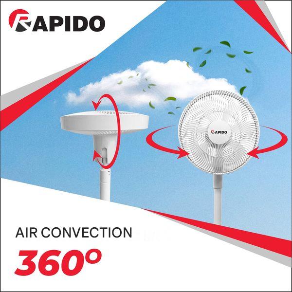 RAPIDO RBF-30 Rechargeable Pedestal Fan 30W – 6000mAh Battery, Remote Control, 360° Cooling, 4 Wind Modes, USB Charging
