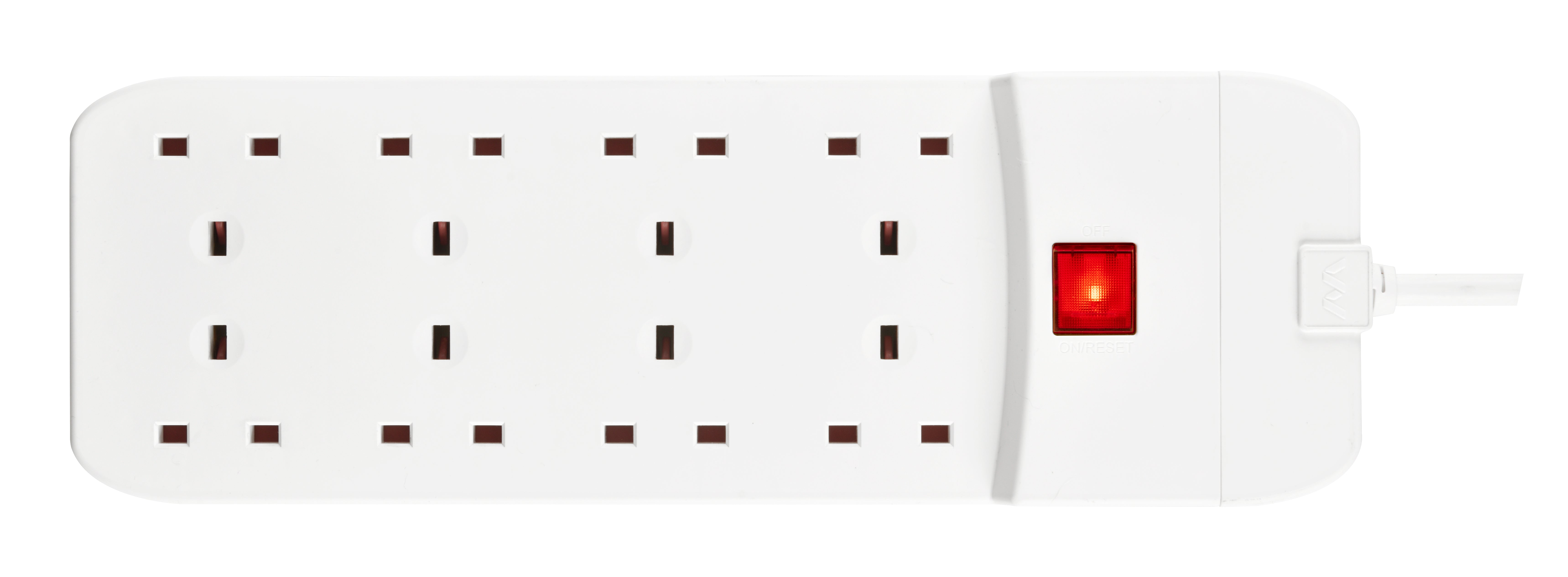 Masterplug 8 Socket 3 Meter Extension Lead With Safety Overload Protection, White