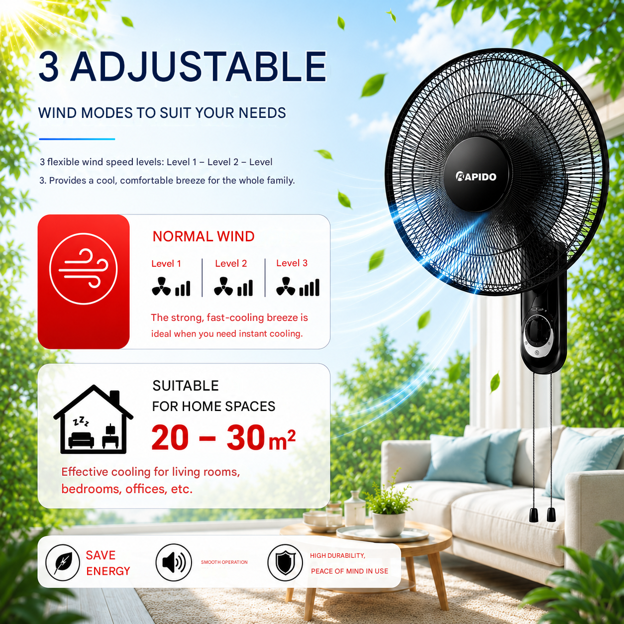 RAPIDO RWF-16AWM 16 Inch Wall Mount Fan 52W – 3 Speed Settings, 80° Oscillation, 3000m³/h Airflow, Pull Cord Control, Black
