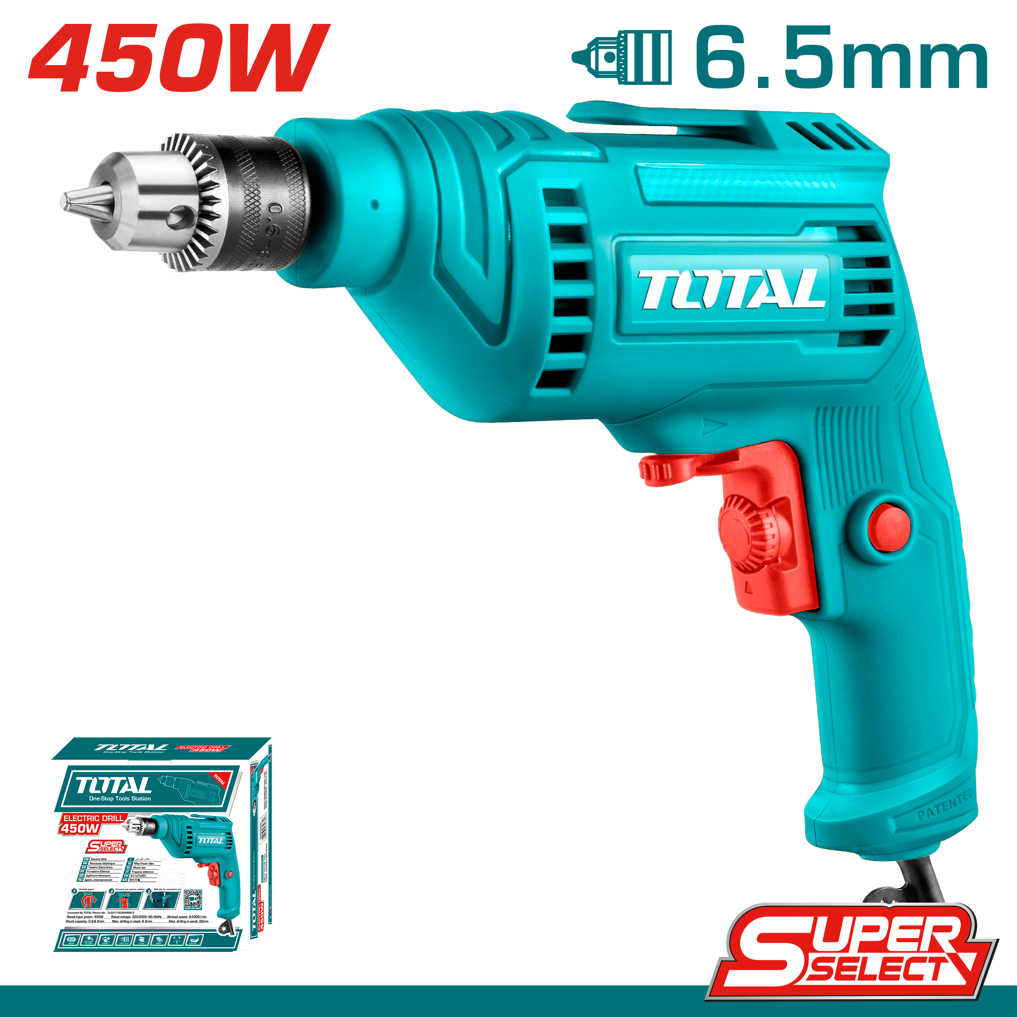 TOTAL Corded Electric Drill 450W, 6.5mm Keyed Chuck, Variable Speed & Forward/Reverse, High-Speed 4300 RPM