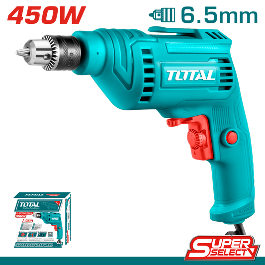 TOTAL Corded Electric Drill 450W, 6.5mm Keyed Chuck, Variable Speed & Forward/Reverse, High-Speed 4300 RPM