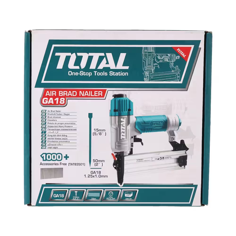 TOTAL TAT83301-3 Pneumatic Brad Nailer GA18 – 10-30mm Brad Nails, 100-Nail Capacity, 60-100 PSI Air Nailer