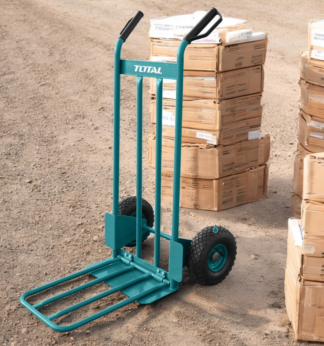 TOTAL THTHT20771 Heavy Duty Hand Trolley 200kg – Pneumatic Wheels, Foldable Loading Plate & Steel Frame