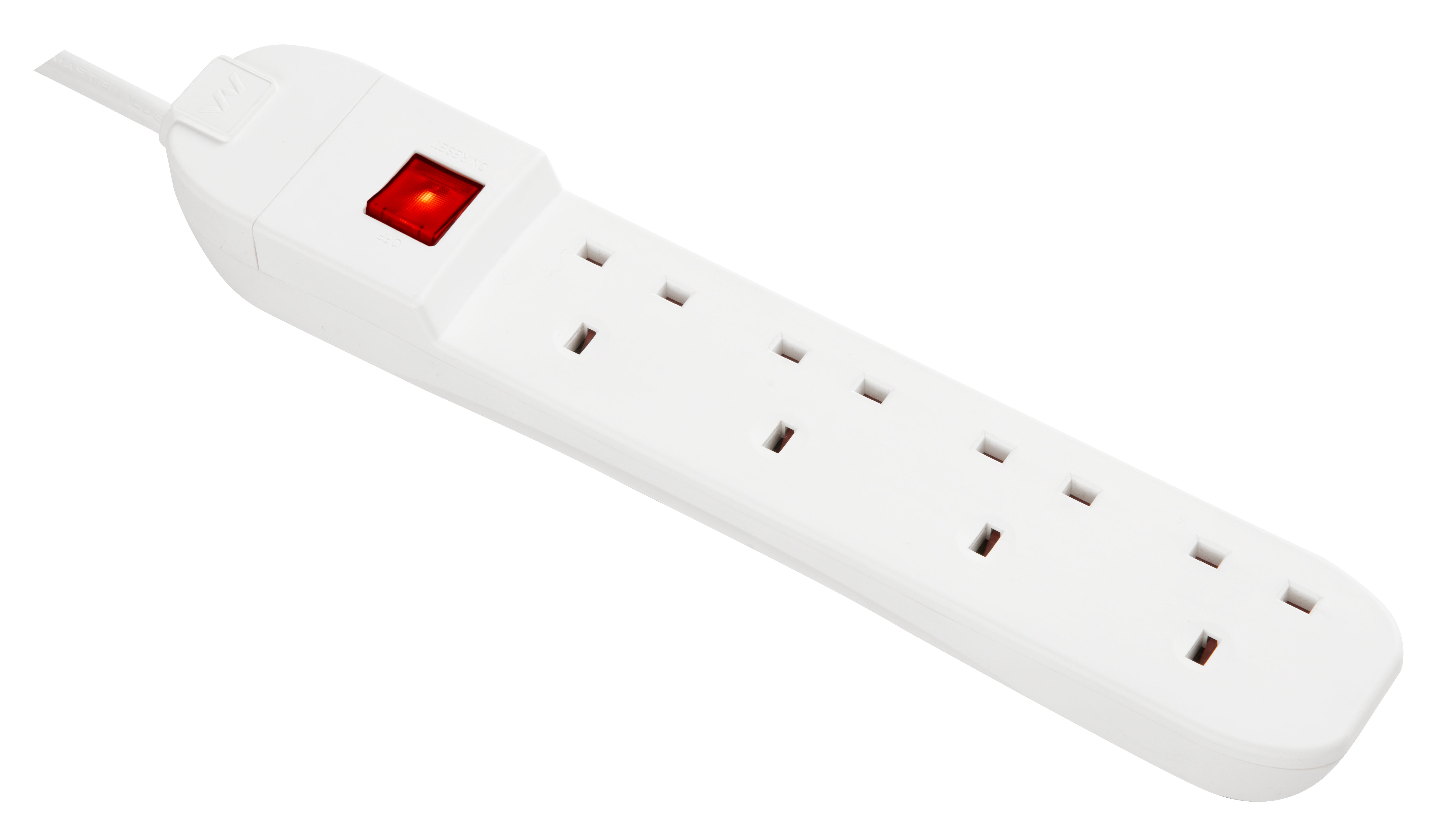 Masterplug 4 Socket 3 Meter Extension Lead With Safety Overload Protection, Power Switch, White