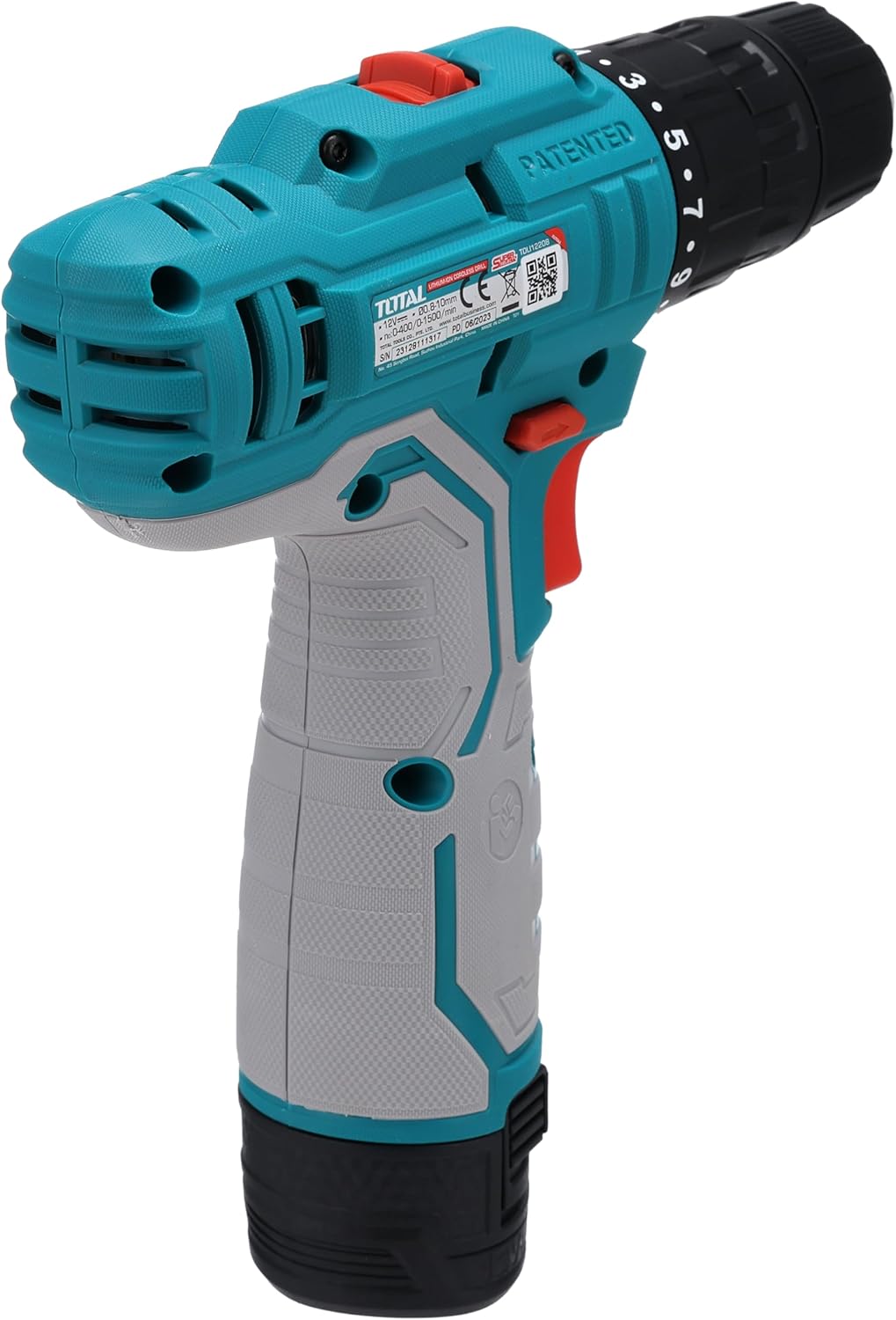 TOTAL Cordless Drill Driver 12V Li-Ion, 20Nm Torque, 2-Speed Gear, LED Work Light, with 2 Batteries & Charger