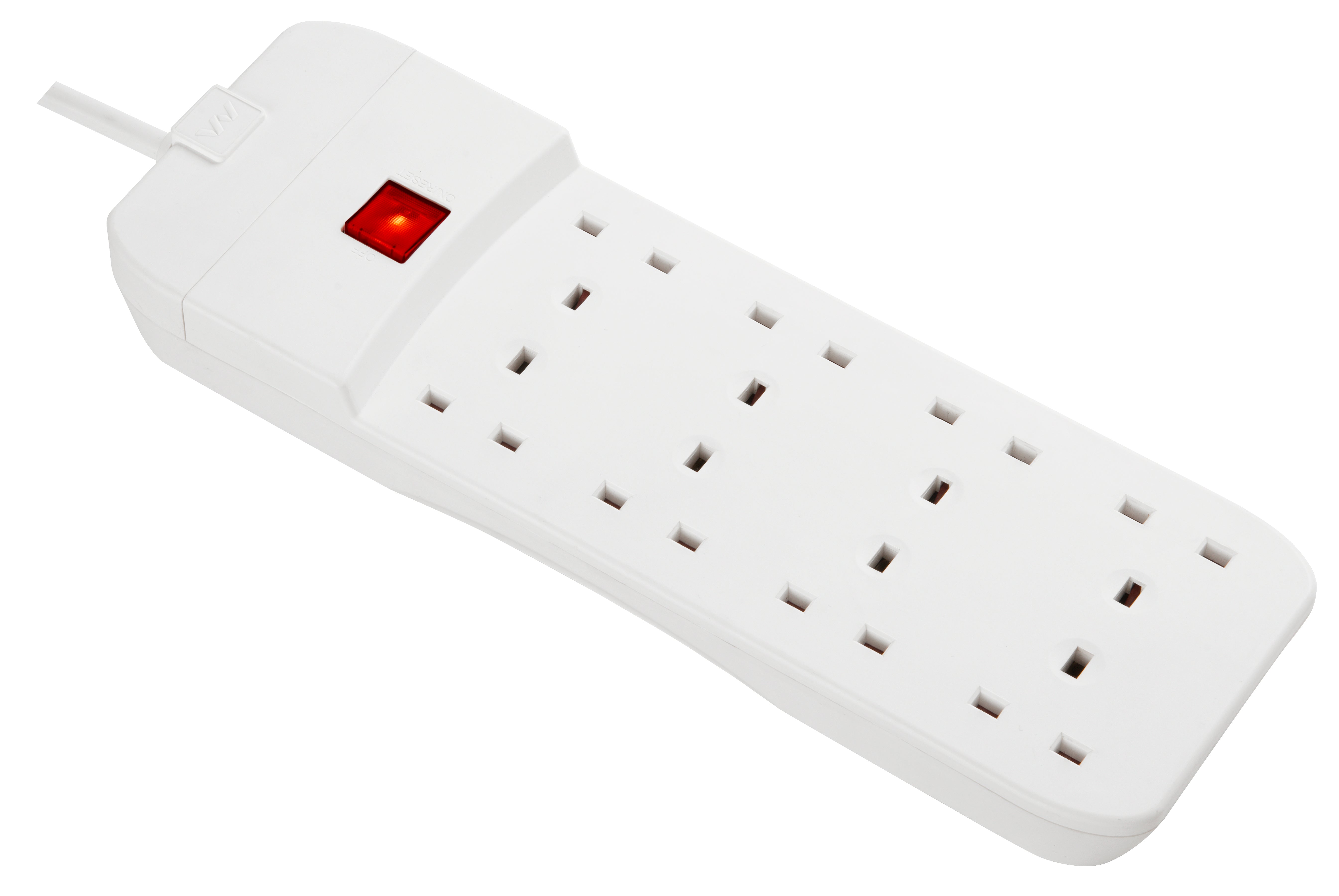 Masterplug 8 Socket 3 Meter Extension Lead With Safety Overload Protection, White