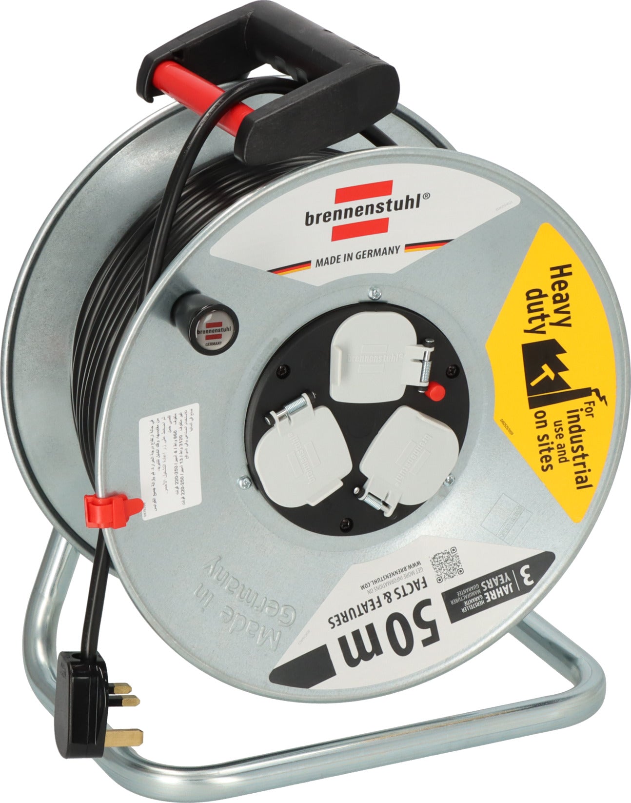Brennenstuhl Garant 50M Extension Cable Reel with 3 BS Sockets, Thermal Cut-Out Protection & Rust-Resistant Steel Drum