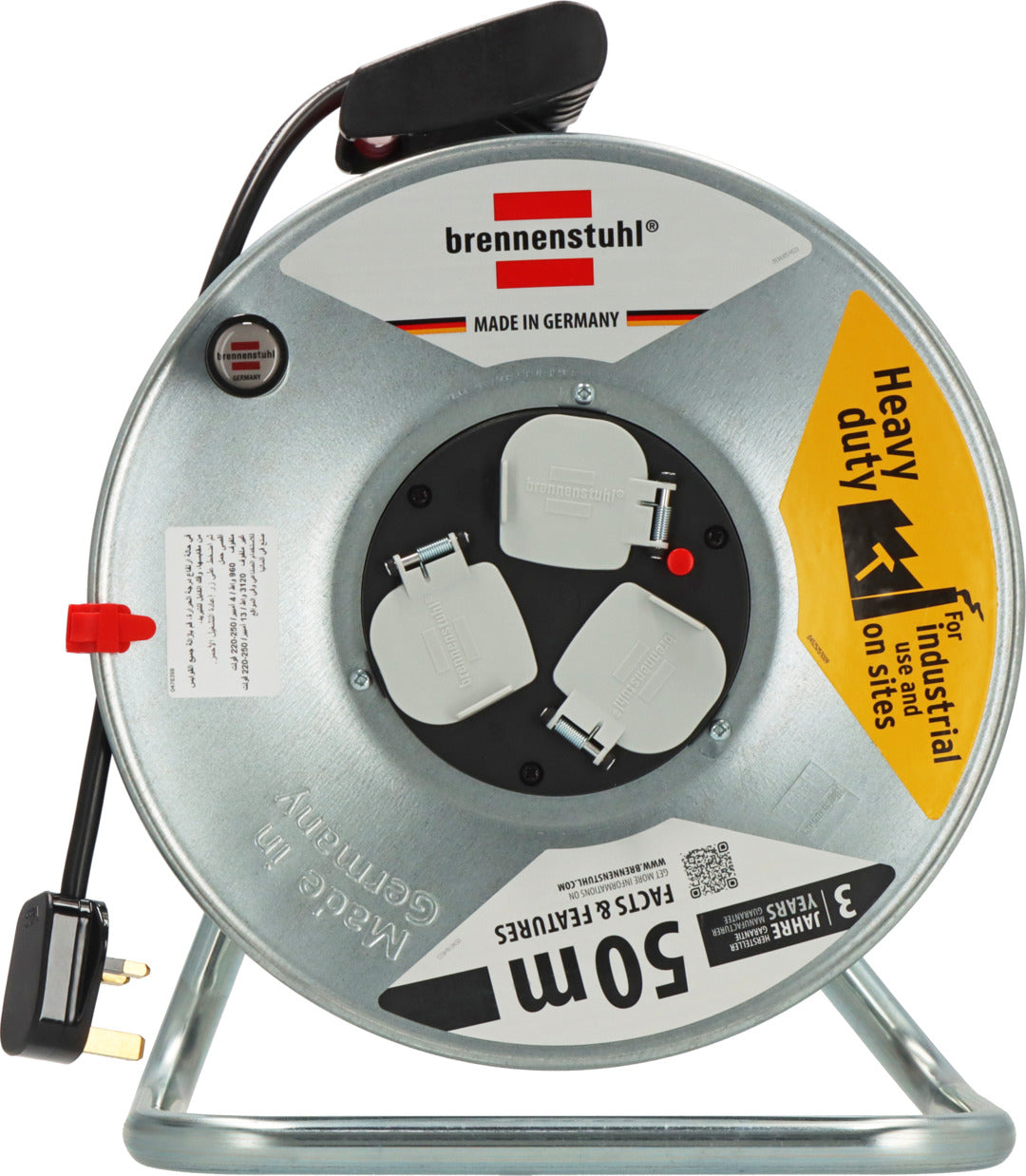 Brennenstuhl Garant 50M Extension Cable Reel with 3 BS Sockets, Thermal Cut-Out Protection & Rust-Resistant Steel Drum
