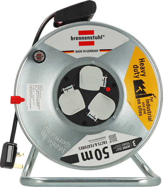 Brennenstuhl Garant 50M Extension Cable Reel with 3 BS Sockets, Thermal Cut-Out Protection & Rust-Resistant Steel Drum