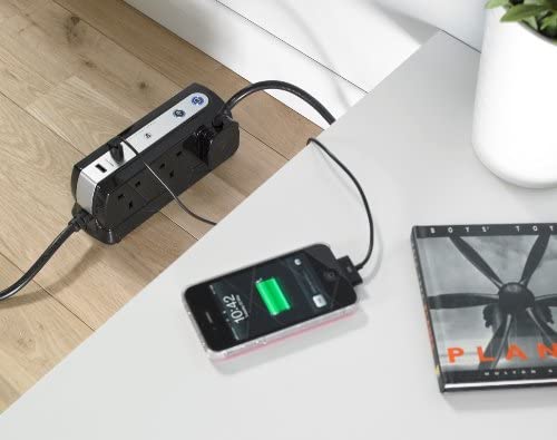 Masterplug Premium 4 Meter 6 Sockets Surge Protected Premium High Gloss Compact Extension Lead with 2 USB Ports Black