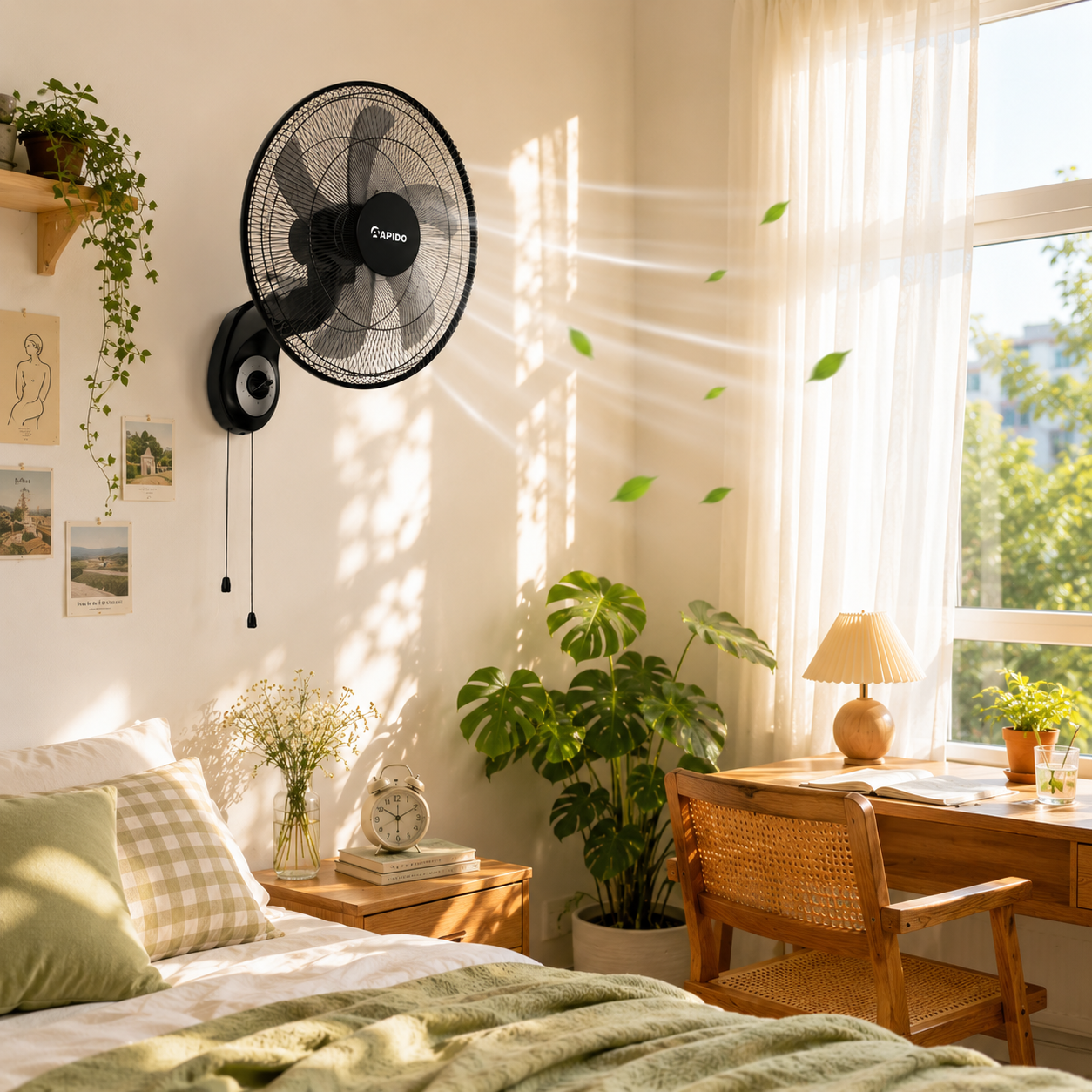 RAPIDO RWF-16AWM 16 Inch Wall Mount Fan 52W – 3 Speed Settings, 80° Oscillation, 3000m³/h Airflow, Pull Cord Control, Black
