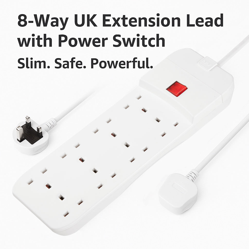 Masterplug 8 Socket 3 Meter Extension Lead With Safety Overload Protection, White