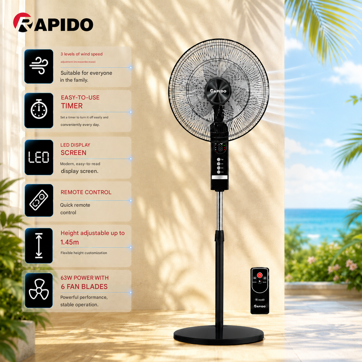 RAPIDO RWF-20AHD 20 Inch Pedestal Fan 63W with Remote Control – 6 Blades, Timer Function, 4500m³/h Airflow