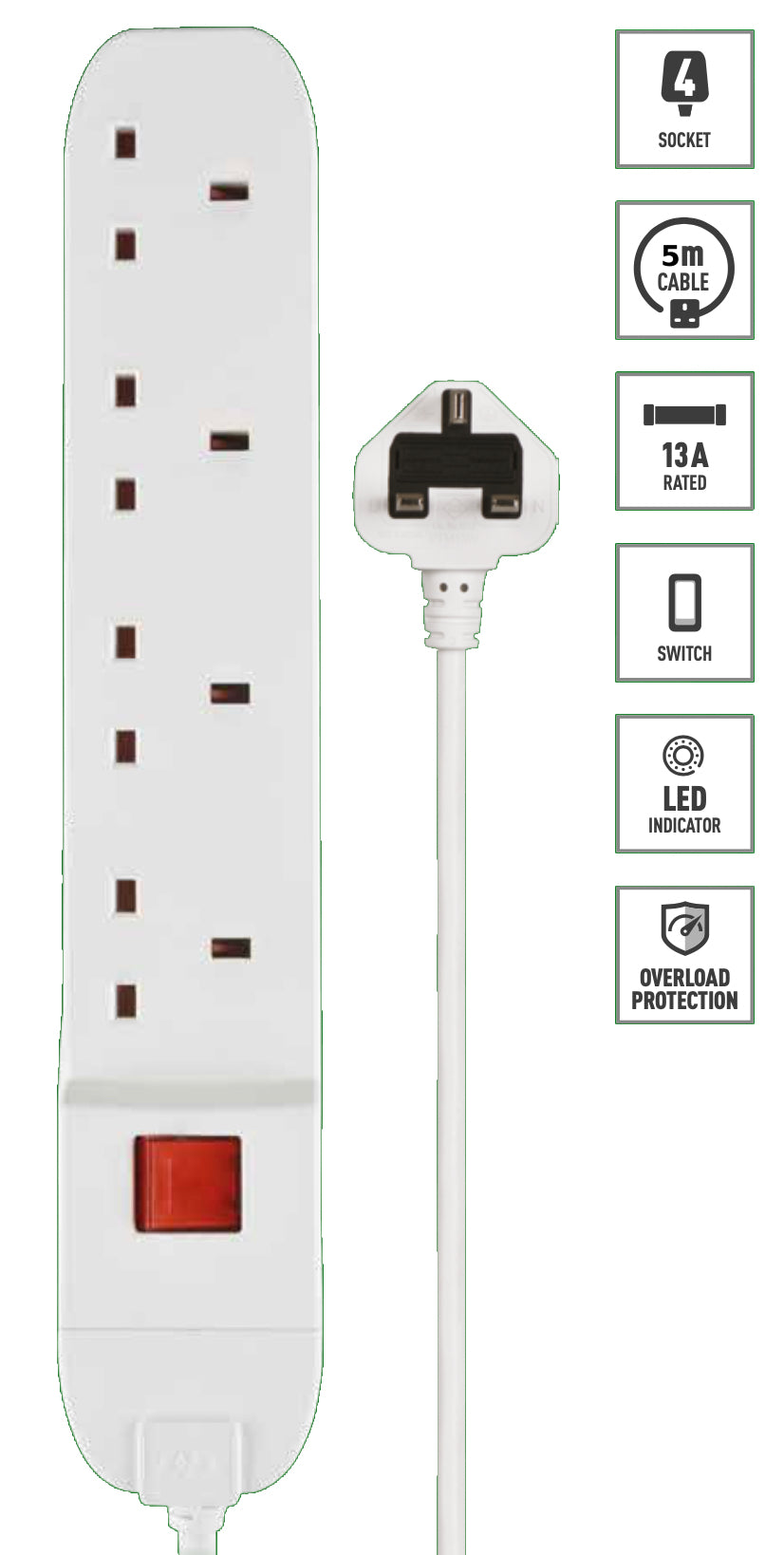 Masterplug 4 Socket 3 Meter Extension Lead With Safety Overload Protection, Power Switch, White