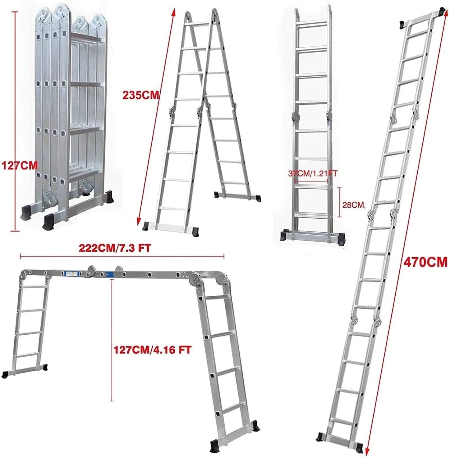 TOTAL THLAD04441 Multi-Purpose Aluminum Ladder 4x4 – Foldable Heavy Duty Scaffold Ladder, 4.75m Extension, 150kg Load Capacity