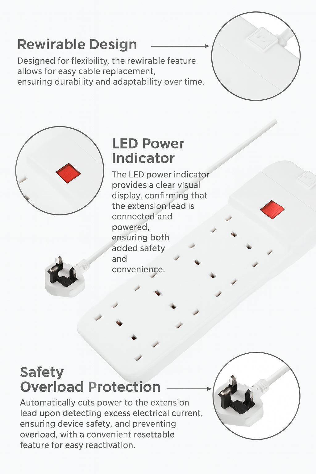 Masterplug 8 Socket 3 Meter Extension Lead With Safety Overload Protection, White