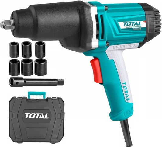 TOTAL 1050W Electric Impact Wrench, 550Nm Max Torque, 1/2 Inch Square Drive, Aluminum Gear Box, With Socket Set & BMC Case