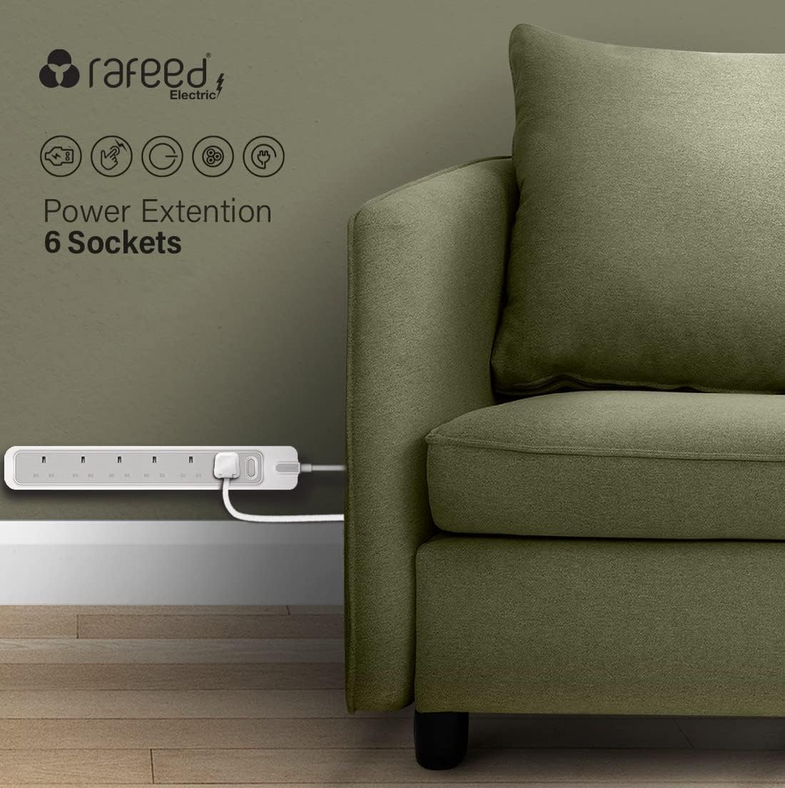 Rafeed Power Extension 5 meters 6 Sockets, on/off Switch, 2990W