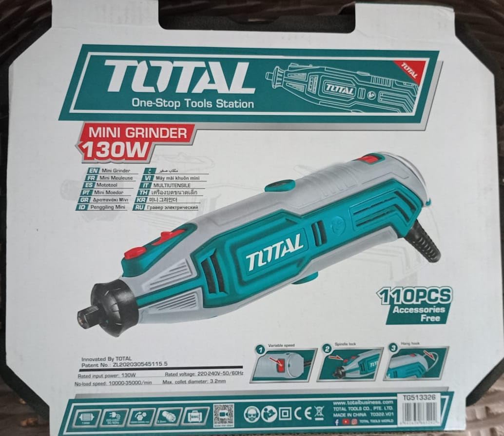 TOTAL Mini Grinder Rotary Tool 130W, Variable Speed 10,000–35,000 RPM, 109 Accessories, Flexible Shaft, with Carry Case