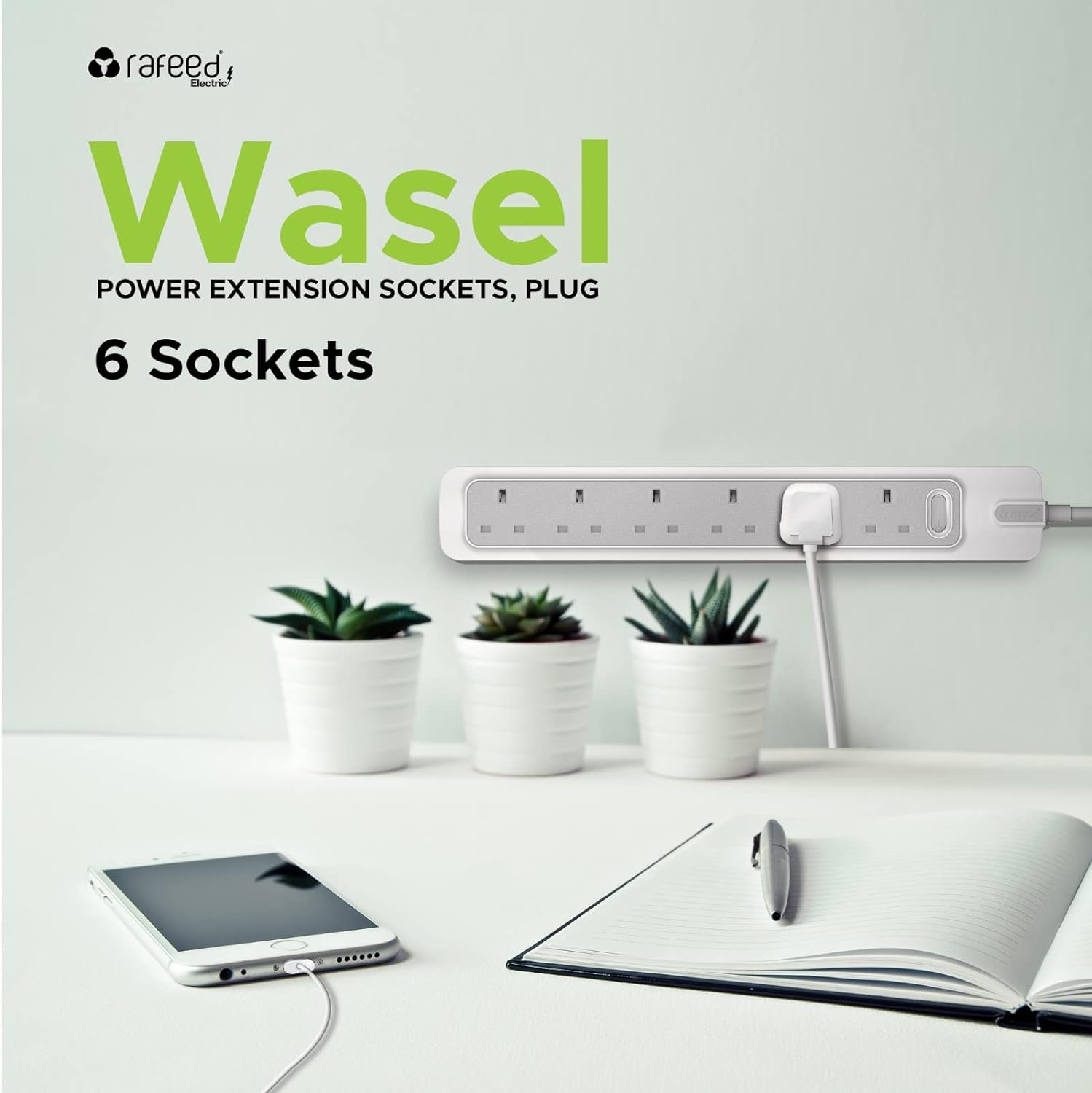 Rafeed Power Extension 5 meters 6 Sockets, on/off Switch, 2990W