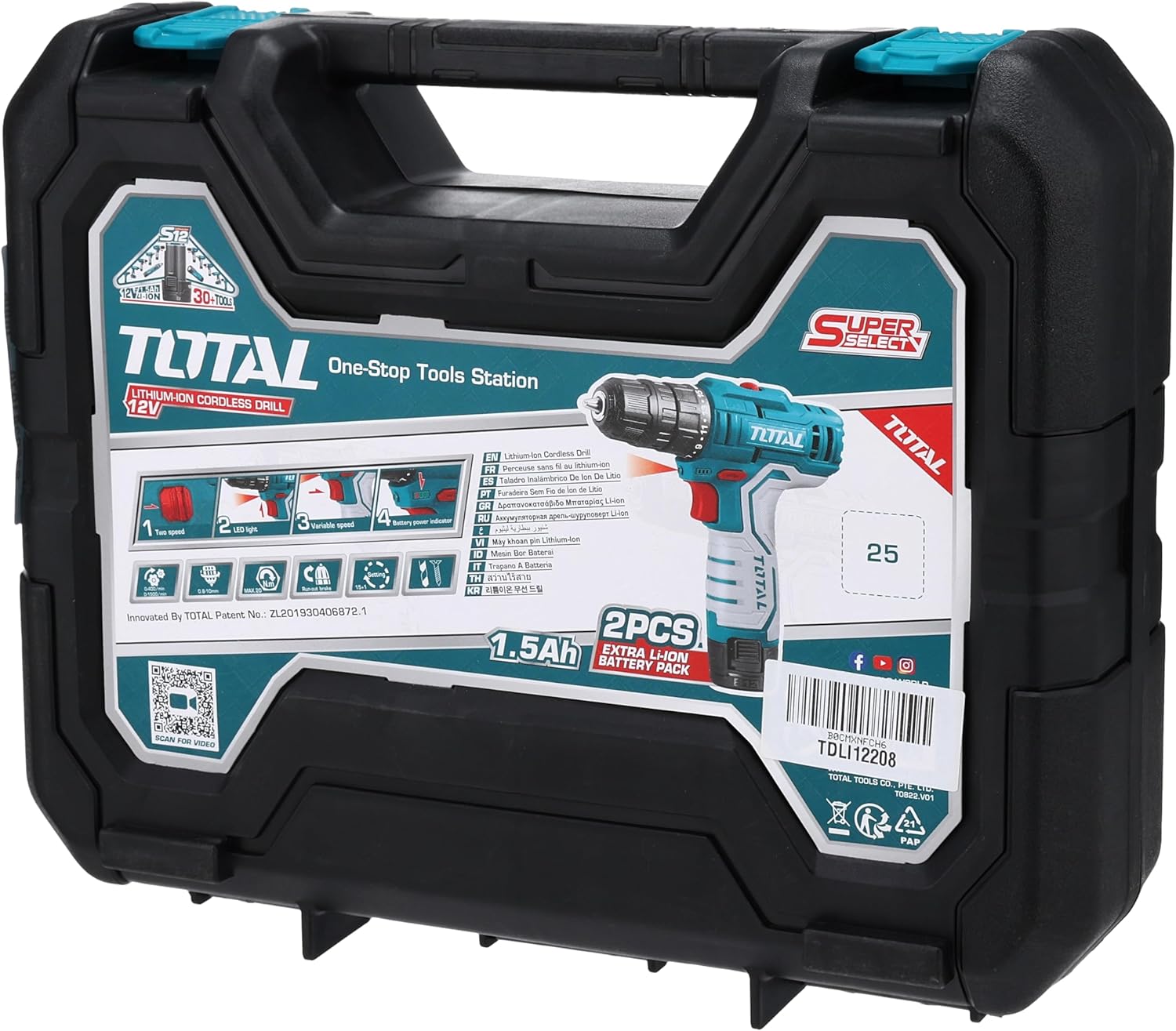 TOTAL Cordless Drill Driver 12V Li-Ion, 20Nm Torque, 2-Speed Gear, LED Work Light, with 2 Batteries & Charger