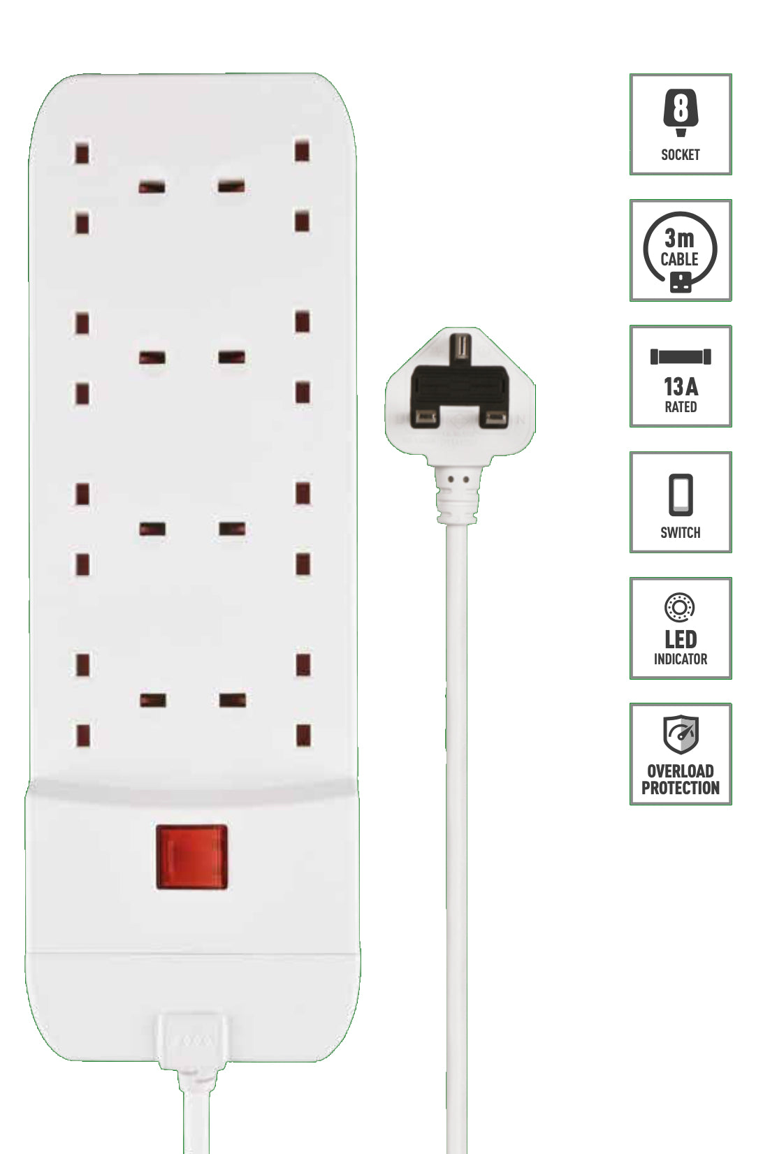 Masterplug 8 Socket 3 Meter Extension Lead With Safety Overload Protection, White