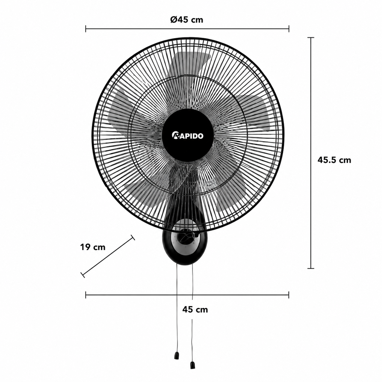 RAPIDO RWF-16AWM 16 Inch Wall Mount Fan 52W – 3 Speed Settings, 80° Oscillation, 3000m³/h Airflow, Pull Cord Control, Black