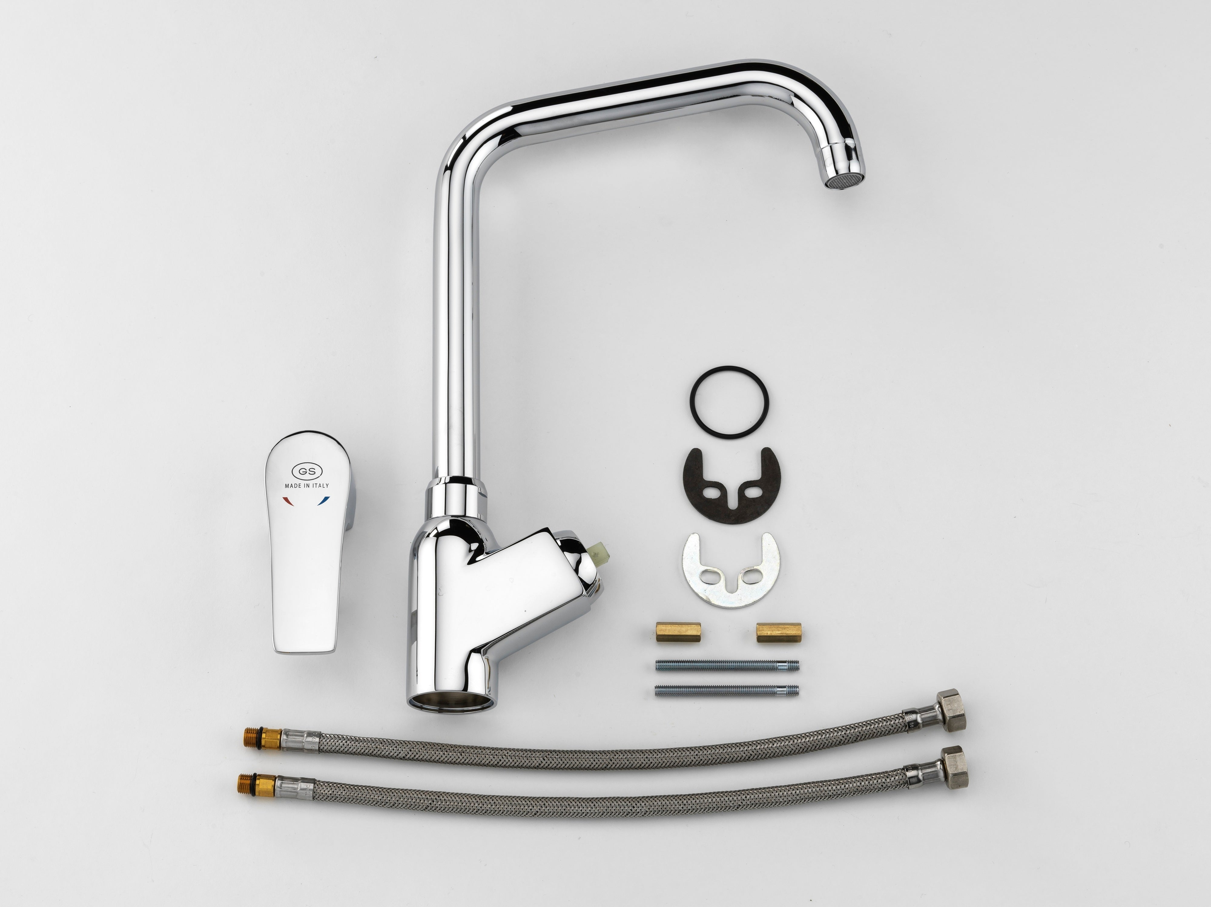 GS Rubinetterie 2497 Single Lever Deck Mounted Kitchen Mixer Tap with Swivel Spout, Energy Saving Cartridge, Premium Brass Kitchen Faucet, Chrome Finish