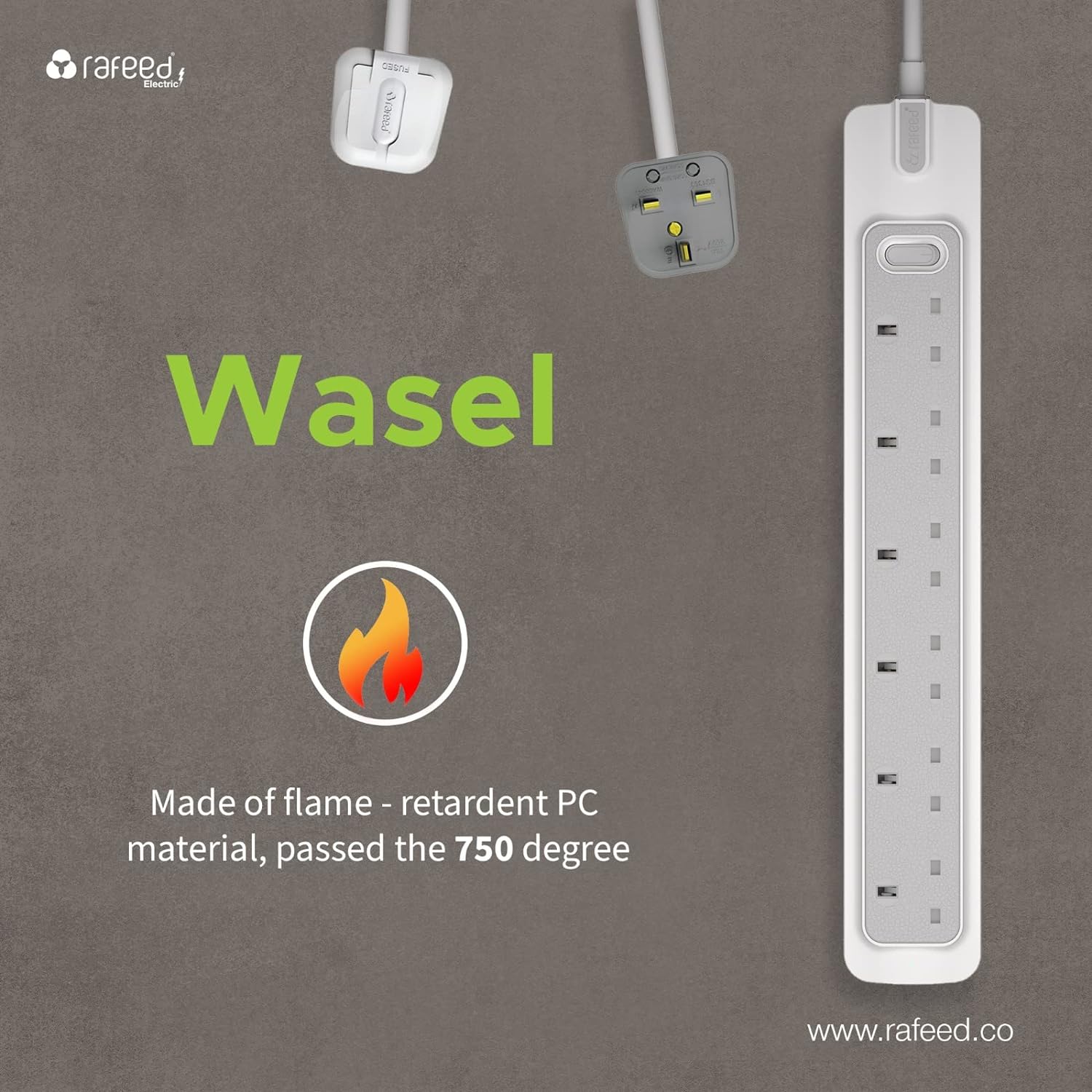 Rafeed Power Extension 5 meters 6 Sockets, on/off Switch, 2990W