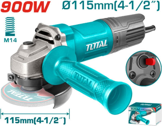TOTAL TG10911556 Angle Grinder 900W – 115mm Disc, 12,000 RPM, M14 Spindle, Auxiliary Handle