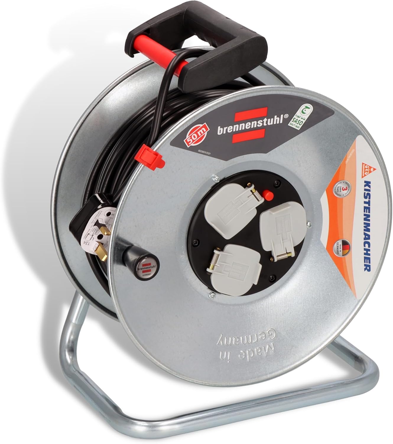 Brennenstuhl Garant 50M Extension Cable Reel with 3 BS Sockets, Thermal Cut-Out Protection & Rust-Resistant Steel Drum