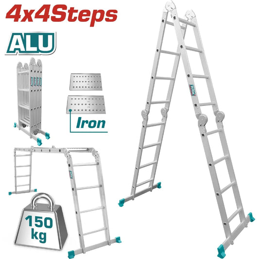 TOTAL THLAD04441 Multi-Purpose Aluminum Ladder 4x4 – Foldable Heavy Duty Scaffold Ladder, 4.75m Extension, 150kg Load Capacity