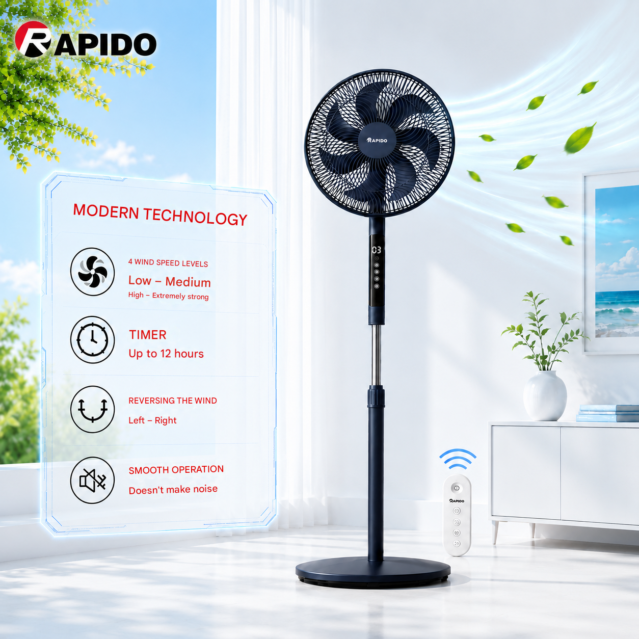 RAPIDO RWF-16AHD 16 Inch Pedestal Fan 60W with Remote Control – 7 Blades, LED Display, 4 Speed Settings, 3100m³/h Airflow