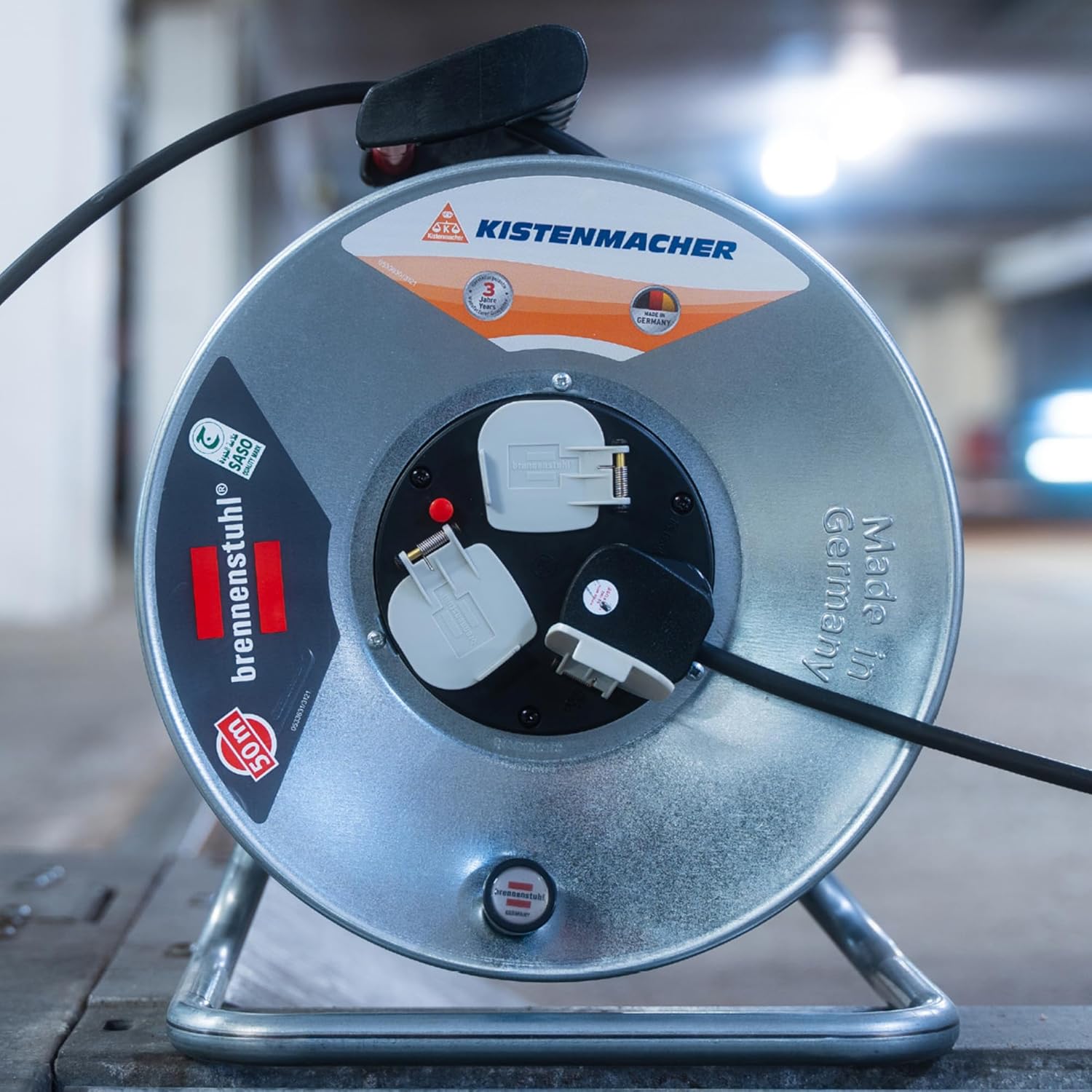 Brennenstuhl Garant 50M Extension Cable Reel with 3 BS Sockets, Thermal Cut-Out Protection & Rust-Resistant Steel Drum