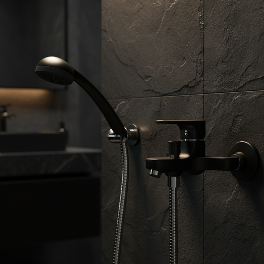 GS Rubinetterie 2460 Wall Mounted Bath Shower Mixer Set with Hand Shower, Premium Brass Construction, Single Lever Control, Black Chrome Finish