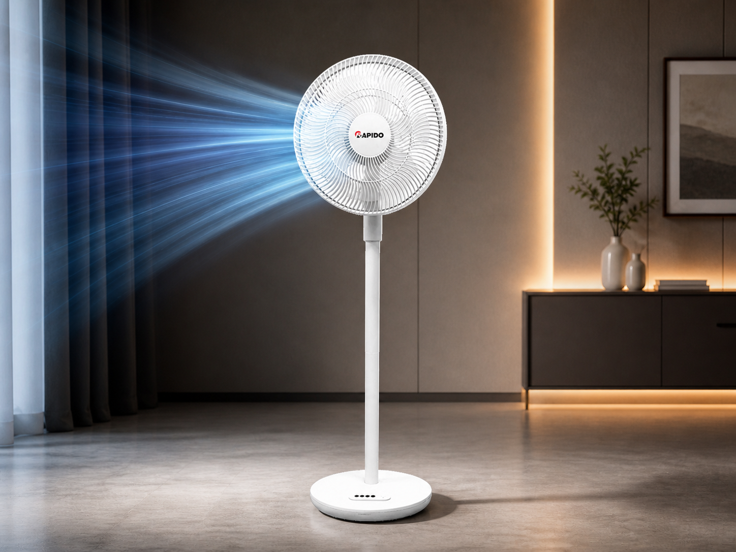 RAPIDO RBF-30 Rechargeable Pedestal Fan 30W – 6000mAh Battery, Remote Control, 360° Cooling, 4 Wind Modes, USB Charging
