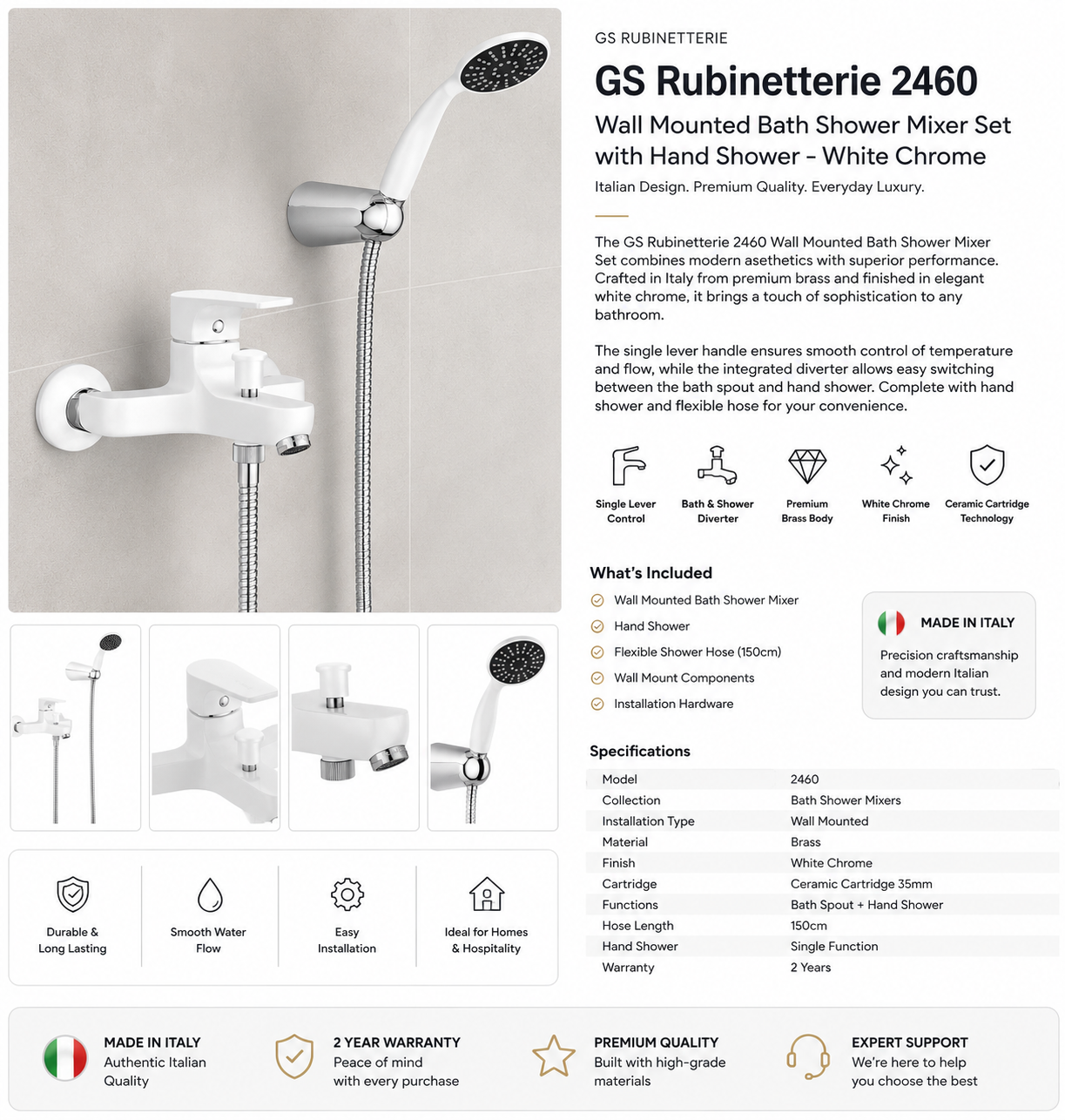 GS Rubinetterie 2460 Wall Mounted Bath Shower Mixer Set with Hand Shower, Premium Brass Construction, Single Lever Control, White Chrome Finish