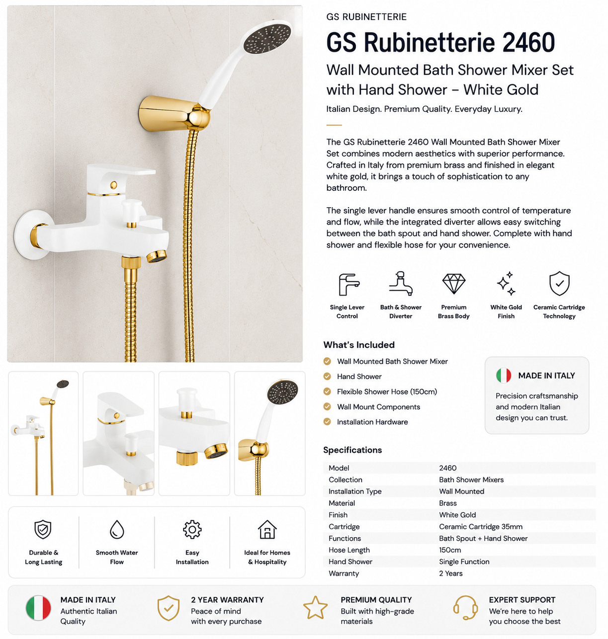 GS Rubinetterie 2460 Wall Mounted Bath Shower Mixer Set with Hand Shower, Premium Brass Construction, Single Lever Control, White Gold Finish