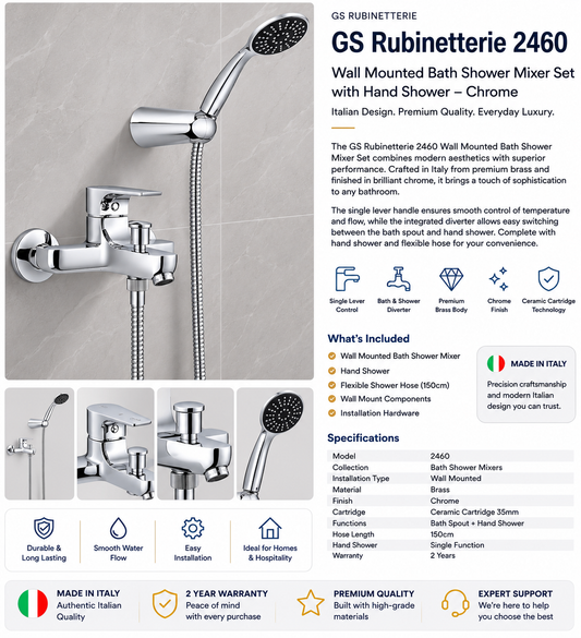 GS Rubinetterie 2460 Wall Mounted Bath Shower Mixer Set with Hand Shower, Premium Brass Construction, Single Lever Control, Chrome Finish